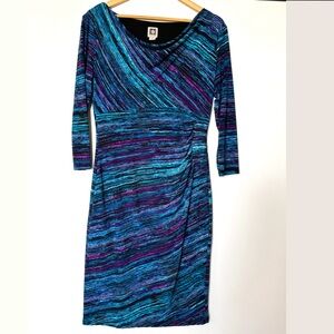 Anne Klein Sheath Dress Size 8 Women’s Multi Color Drape Front 3/4 Sleeve